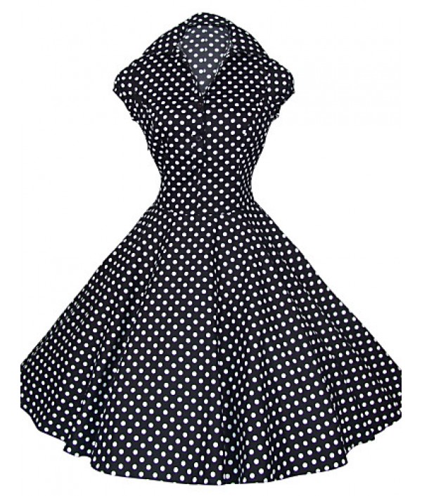 Women's White/Black/Blue 50s Vintage Polka Dots Swing Midi Dress
