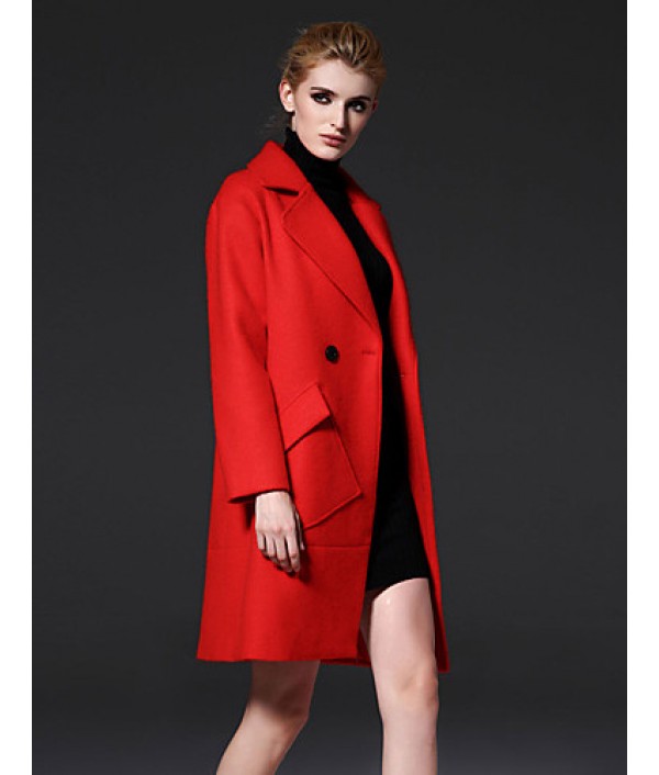  Women‘s Formal Simple Notch Lapel Long Sleeve Winter Red / Yellow Wool / Polyester Medium