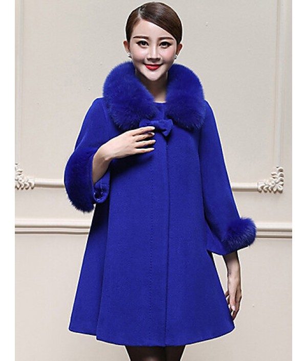 Women's Plus Size / Casual/Daily Simple Coat,Solid Round Neck Long Sleeve Winter Blue / Yellow Wool / Faux Fur Thick