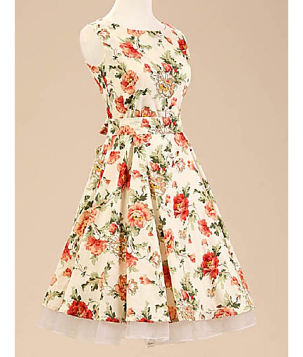 Women's Halter 50s Vintage Flower Print Rockabilly Sleeveless Dress(Not Include Petticoat)