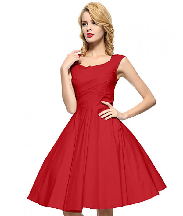 Women's Black/Red/Blue 50s Vintage Swing Midi Dress,Plus Size