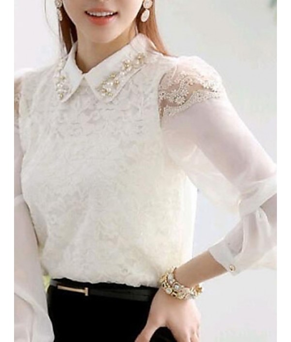 Women's Casual/Daily Simple Spring / Summer / Fall Blouse,Solid Shirt Collar Long Sleeve White Thin