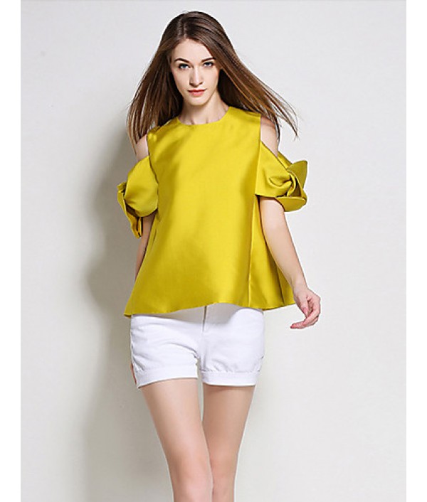  Women‘s Going out Simple Summer BlouseSolid Crew Neck Short Sleeve Yellow Polyester Medium