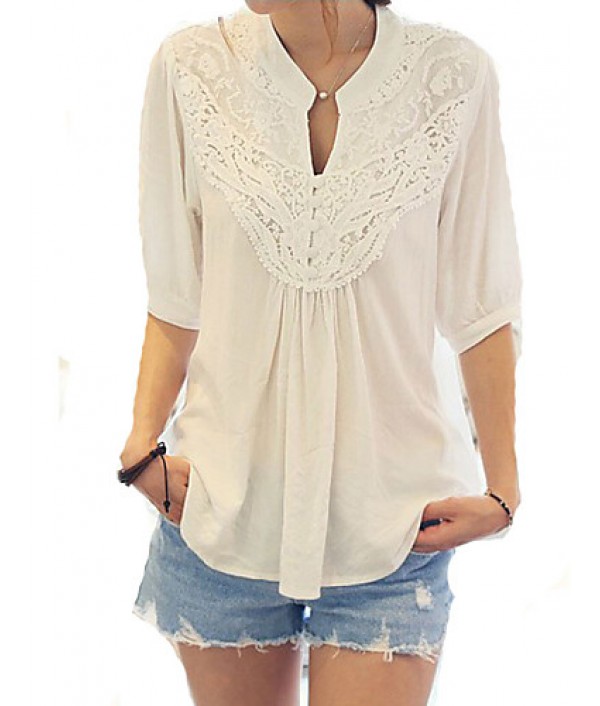 Women's Casual/Daily Cute Spring Blouse,Patchwork V Neck ? Length Sleeve White Cotton Opaque