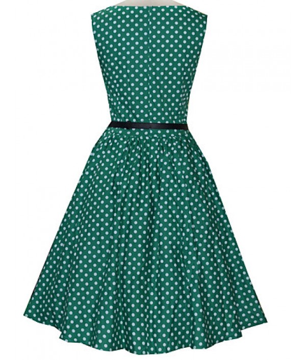 Women's Vintage Slim Polka Dot Printing Sleeveless Dress(With Belt)