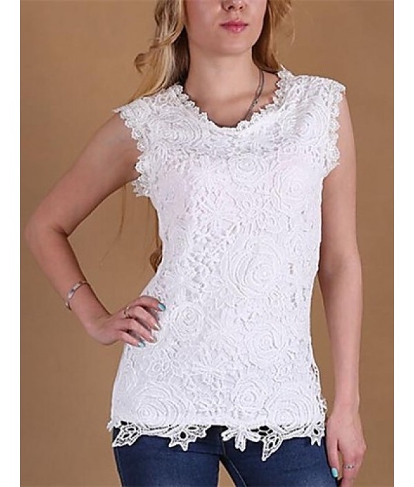 Women's Round Neck Lace Shirt, Cotton Blends Sleeveless