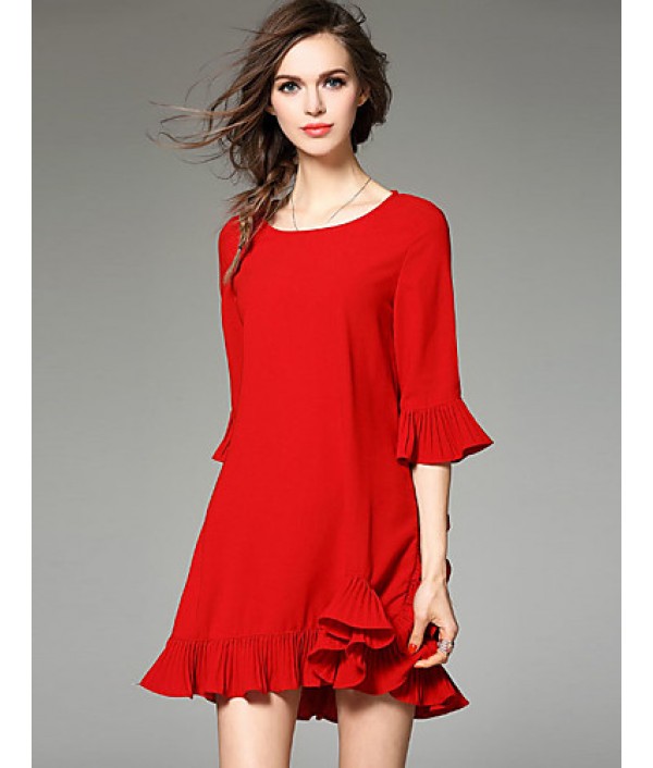  Women‘s Going out Cute Loose Dress,Solid Round Neck Above Knee ? Sleeve Black Cotton Spring