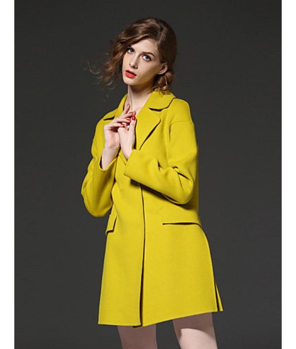  Women‘s Going out Simple Notch Lapel Long Sleeve Fall / Winter Yellow Wool / Polyester Medium