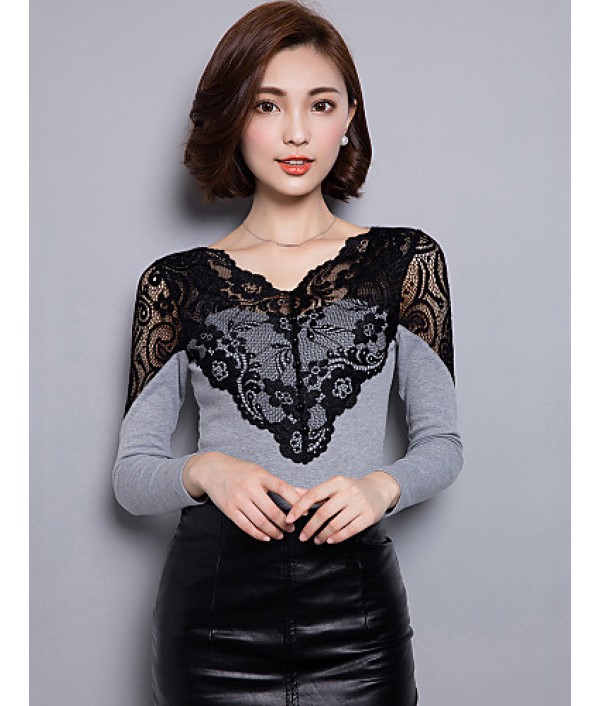 Women's Casual /Simple Spring /Fall T-shirt Blouse,Patchwork Lace Cut Out V Neck Long Sleeve Gray Cotton /Nylon Medium
