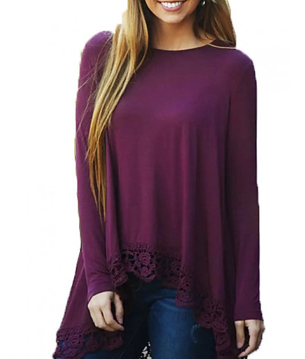 Women's Going out Simple / Street chic Blouse,Solid Round Neck Long Sleeve Purple Cotton / Rayon Medium