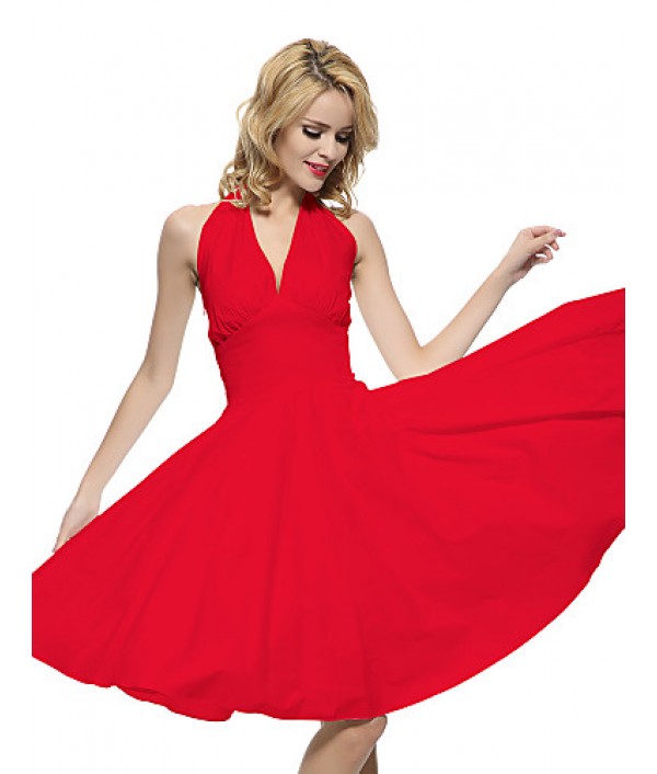 Women's Halter 50s Vintage Rockabilly Marilyn Pinup Cos Party Swing Dress,Plus Size