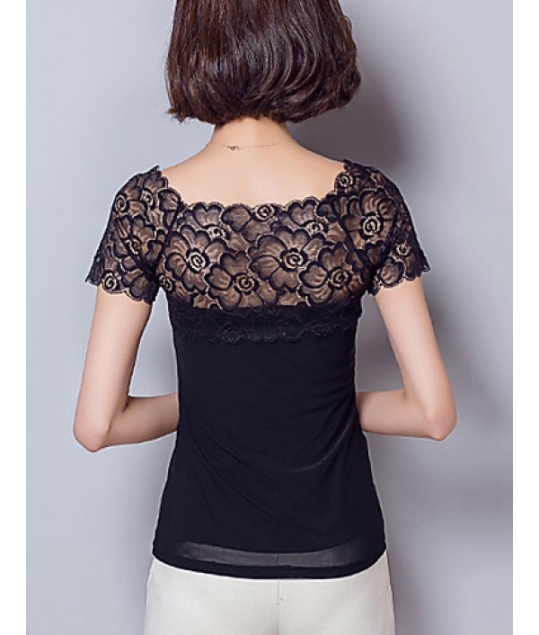 Women's Patchwork Black Blouse,Sexy/Plus Size Lace Mesh Embroidery Elegant V Neck Short Sleeve