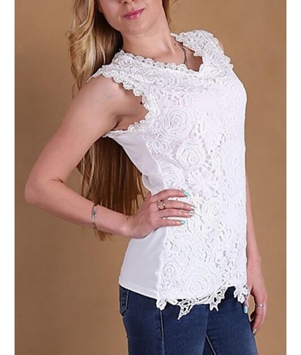 Women's Round Neck Lace Shirt, Cotton Blends Sleeveless
