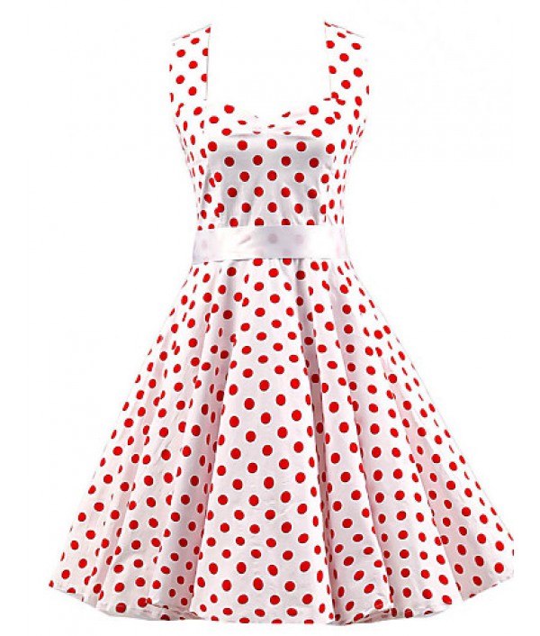 Women's White Red Mini Polka Dot Dress , Vintage Halter 50s Rockabilly Swing Dress