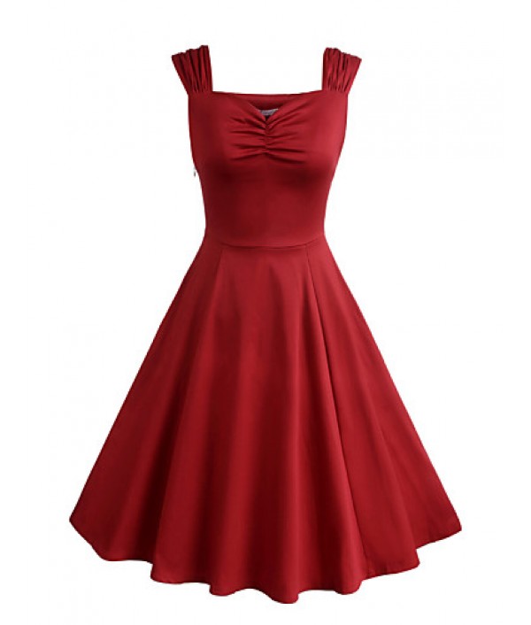Women's Party/Cocktail Vintage A Line / Skater Dress,Solid Sweetheart Knee-length Sleeveless Red / Black Cotton / Polyester Summer