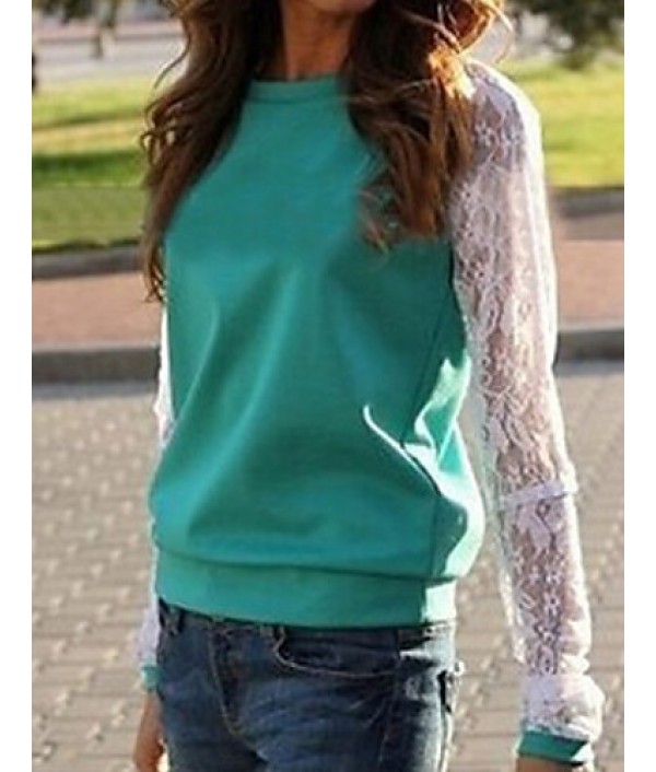 Women's New All Match Lace Patchwork T-shirt , Round Neck Long Sleeve