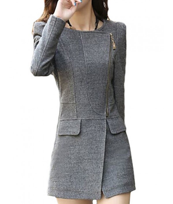 Women's Sexy Coat,Solid V Neck Long Sleeve Fall Black / Gray Wool / Cotton / Others Thick