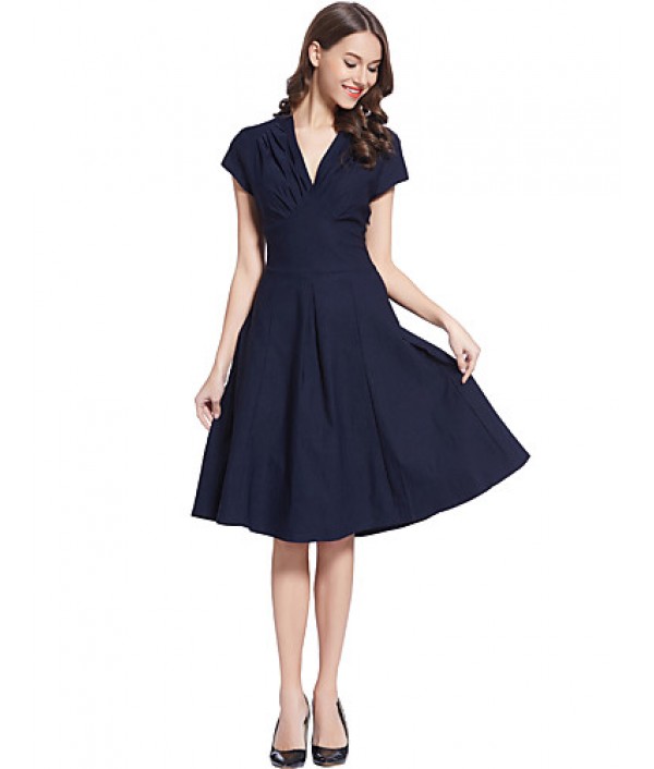 Women's Going out Vintage / Simple / Street chic Swing Dress,Solid Deep V Knee-length Short Sleeve