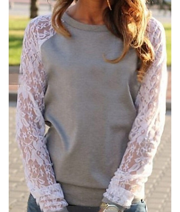 Women's Causal Loose Round Neck Long Sleeve Lace Patchwork T-shirt