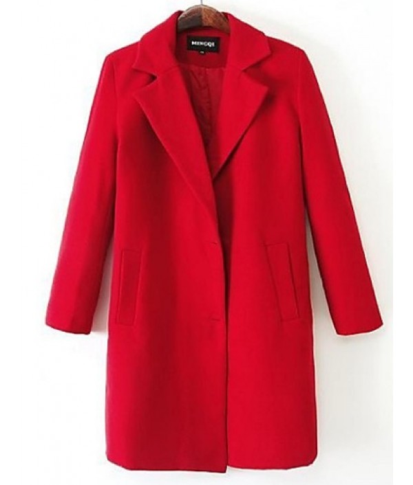 Women's Casual/Daily Plus Size Pea Coats,Solid Shirt Collar Long Sleeve Winter Red Wool