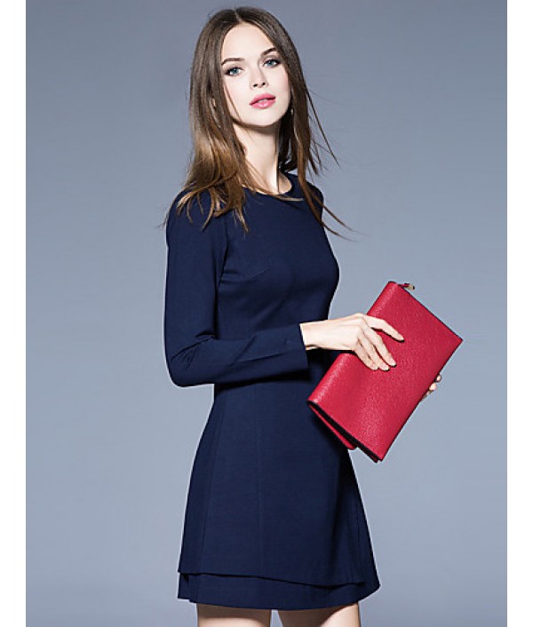 Boutique S Women's Formal Simple Sheath DressSolid Round Neck Above Knee Long Sleeve Blue Cotton / Polyester Spring