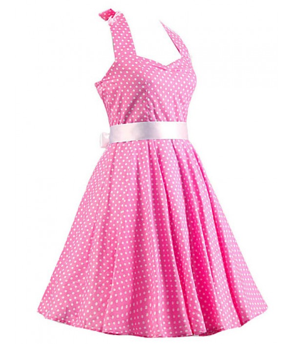 Women's Pink White Mini Polka Dot Dress , Vintage Halter 50s Rockabilly Swing Dress