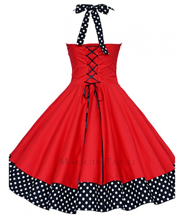 Women's Red/Black Vintage Polka Dots Midi Swing Dress, Full Circle Halter