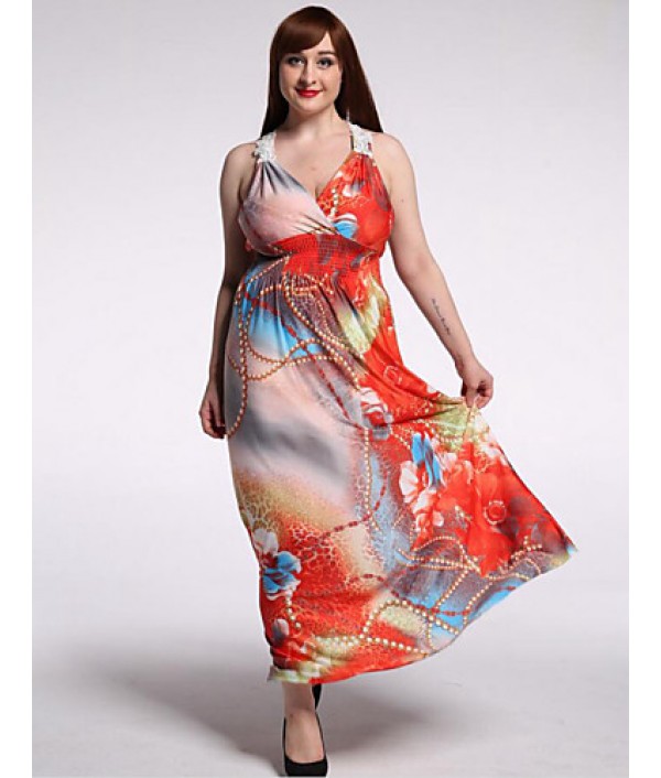 Women's Beach / Plus Size Boho Dress,Floral V Neck Maxi Sleeveless Orange Polyester / Spandex Summer