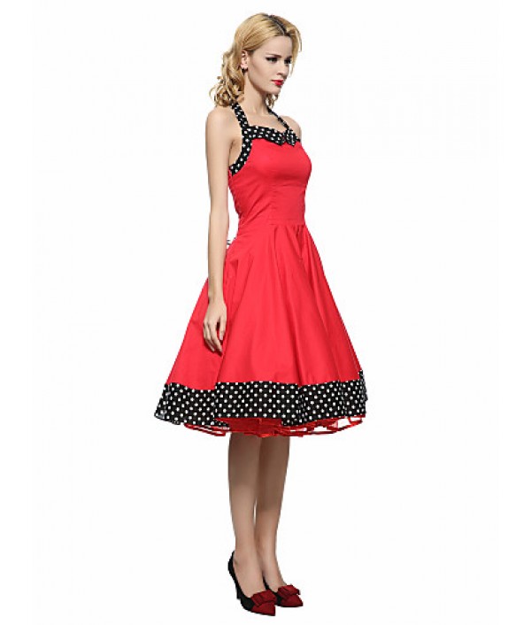 Women's Red/Black Vintage Polka Dots Midi Swing Dress, Full Circle Halter