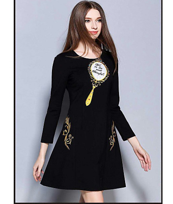  Women‘s Casual/Daily Simple Sheath DressEmbroidered Round Neck Above Knee Long Sleeve Black