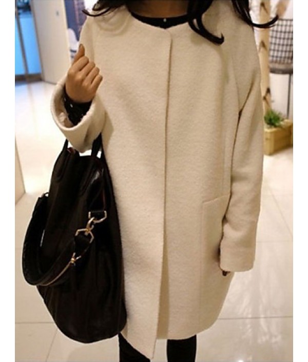 Women's Casual/Daily Simple Coat,Solid Round Neck Long Sleeve Fall / Winter Blue / White Wool Thick