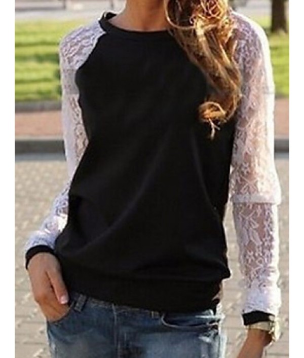 Women's Causal Loose Round Neck Long Sleeve Lace Patchwork T-shirt