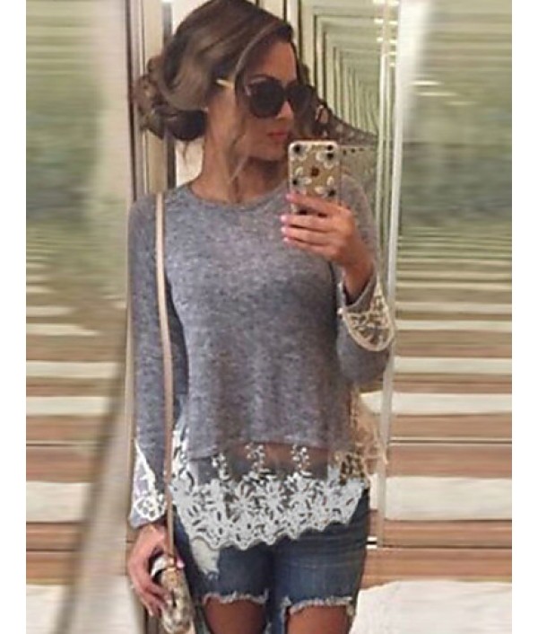 Women's Casual/Daily Simple Fall Blouse,Patchwork Round Neck Long Sleeve Gray Cotton Medium