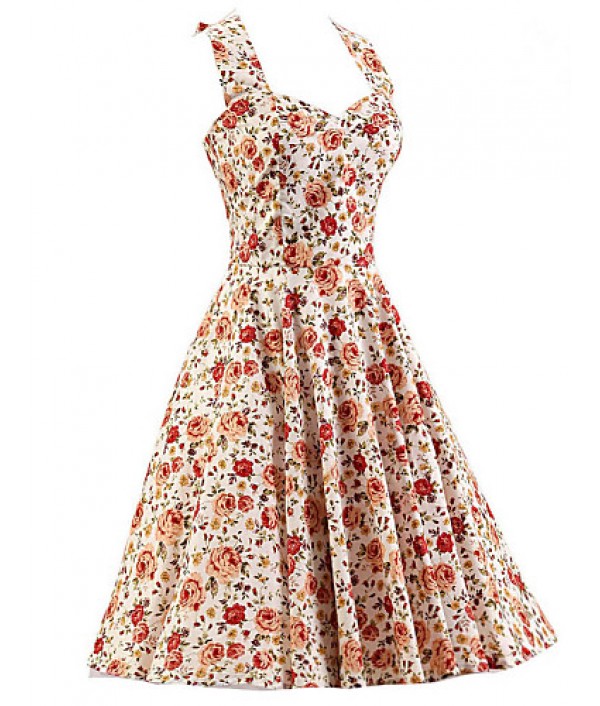 Women's White Floral Dress , Vintage Halter 50s Rockabilly Swing Dress