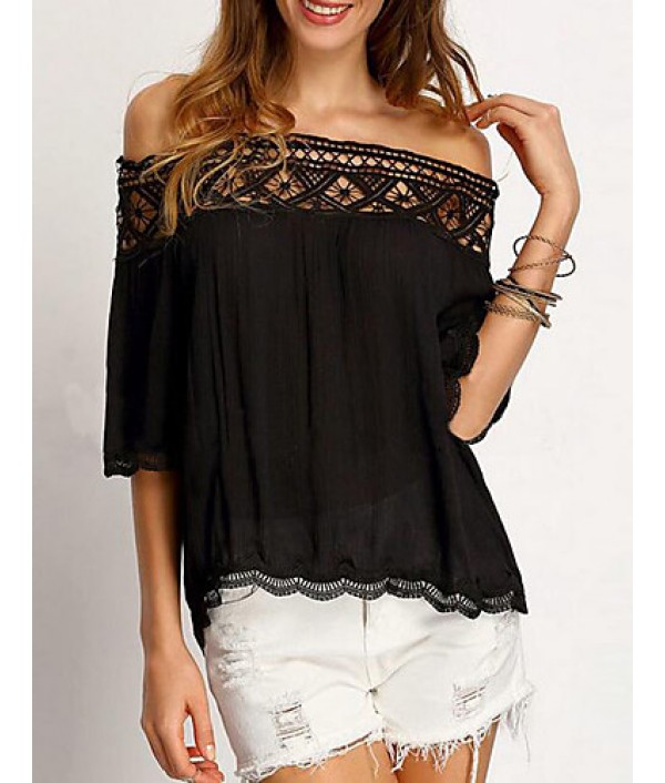 Women's Going out Simple Summer Blouse Patchwork Lace Hollow Out Boat Neck ? Length Sleeve