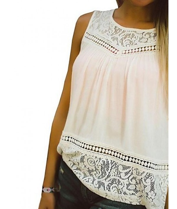 Women's Patchwork Hollow Out Lace Plus Size Vest , Round Neck Sleeveless