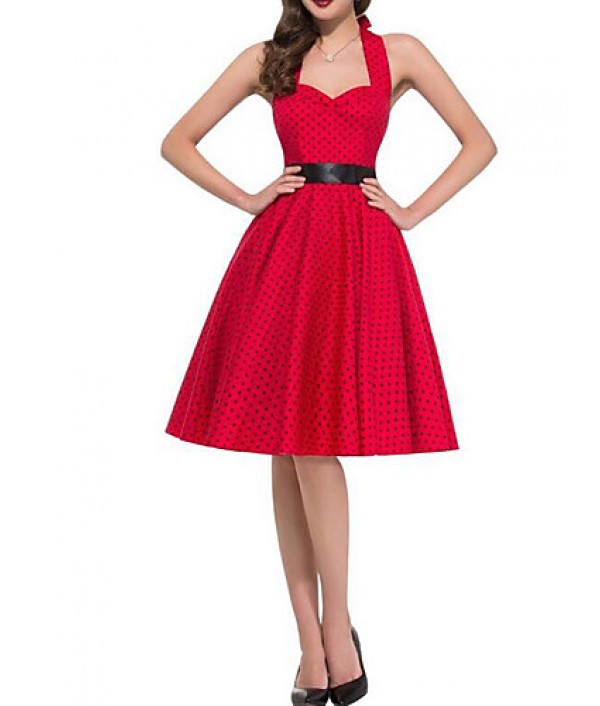 Women's Going out Vintage A Line Dress,Polka Dot Halter Knee-length Sleeveless Red Polyester Summer