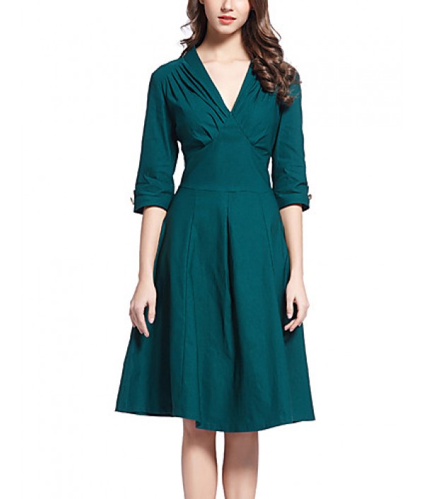 Women's Going out Vintage / Simple / Street chic Swing Dress,Solid Deep V Knee-length Short SpandexAll