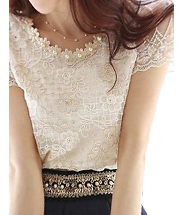 Women's Cute Beaded Neck Embroidered Lace and Mesh Top