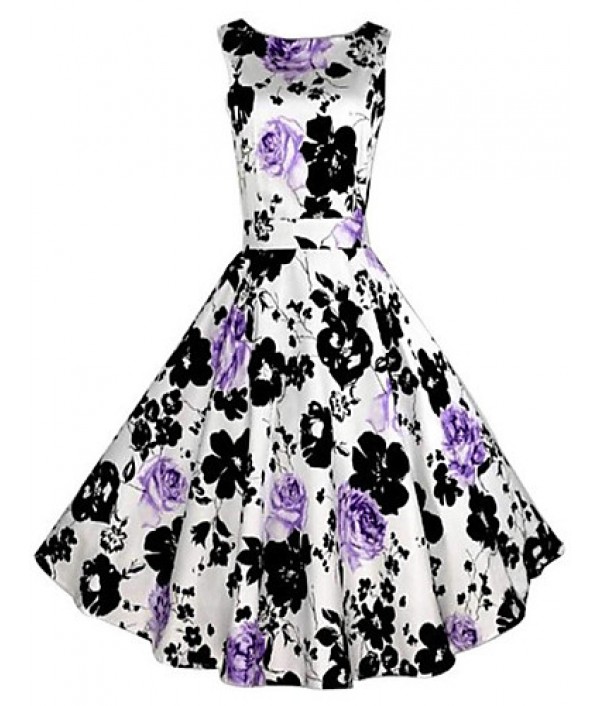 Women's Going out Vintage Skater Dress,Floral Round Neck Midi Sleeveless Purple Polyester All Seasons Mid Rise Micro-elastic Medium