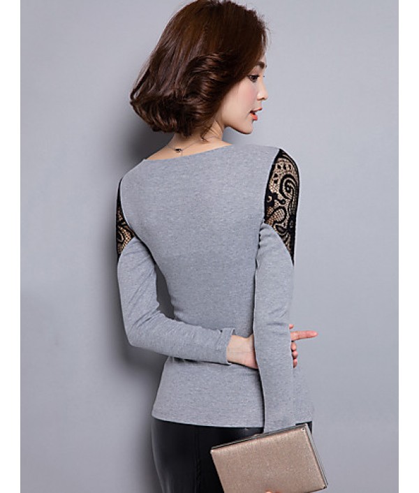 Women's Casual /Simple Spring /Fall T-shirt Blouse,Patchwork Lace Cut Out V Neck Long Sleeve Gray Cotton /Nylon Medium
