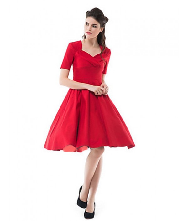 Women's Work A Line Dress,Solid Square Neck Knee-length Short Sleeve Red / Black Wool / Cotton All Seasons