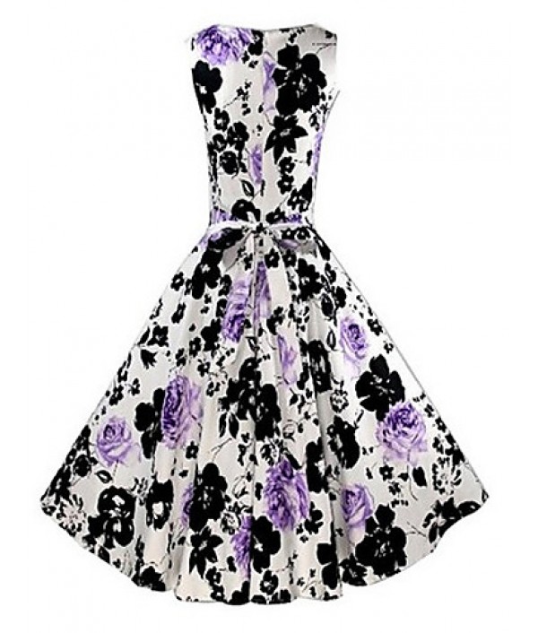 Women's Going out Vintage Skater Dress,Floral Round Neck Midi Sleeveless Purple Polyester All Seasons Mid Rise Micro-elastic Medium