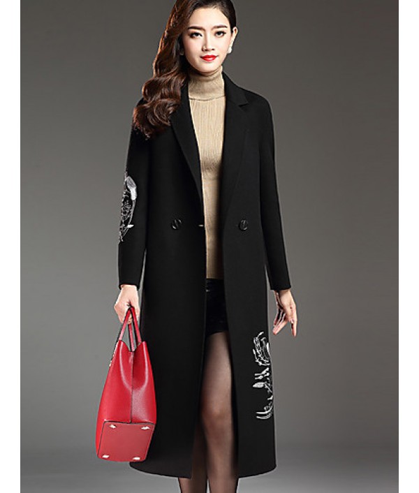 Women's Plus Size Street chic CoatPrint Notch Lapel Long Sleeve Fall / Winter Red / Black / Gray Wool / Polyester Thick