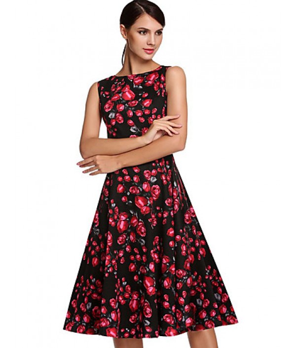 Women's Vintage / Simple / Street chic Floral Swing Dress,Round Neck Knee-length Cotton / Polyester