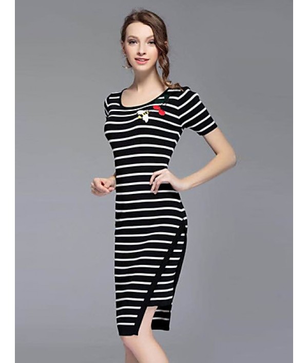 Boutique S Going out /Daily Cute Sheath DressStriped Round Neck Midi Short Sleeve White/Polyester Summer Mid Rise