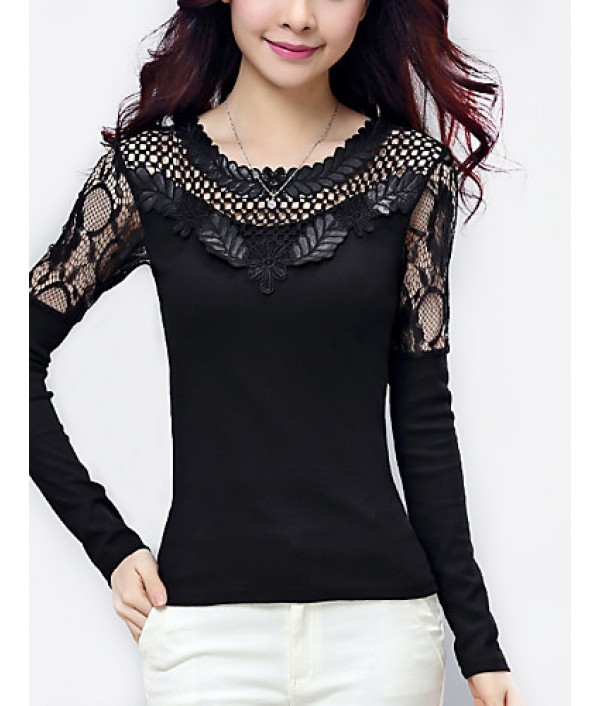 Women's Patchwork Black Blouse,Plus Size/ Casual Lace Cut Out Mesh Embroidery Flower Fashion Slim Nylon