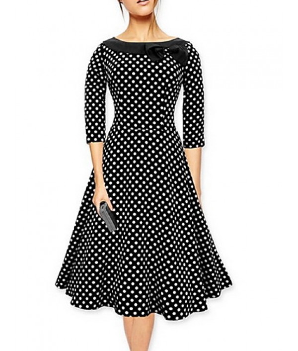 Women's Vintage 1950's Prom Retro Rockabilly Hepburn Pinup Cos Party Swing Butterfly Polka Dot Collared Dress
