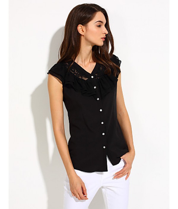 Women's Casual/Daily / Plus Size Simple Summer Blouse,Solid V Neck Sleeveless White / Black Medium