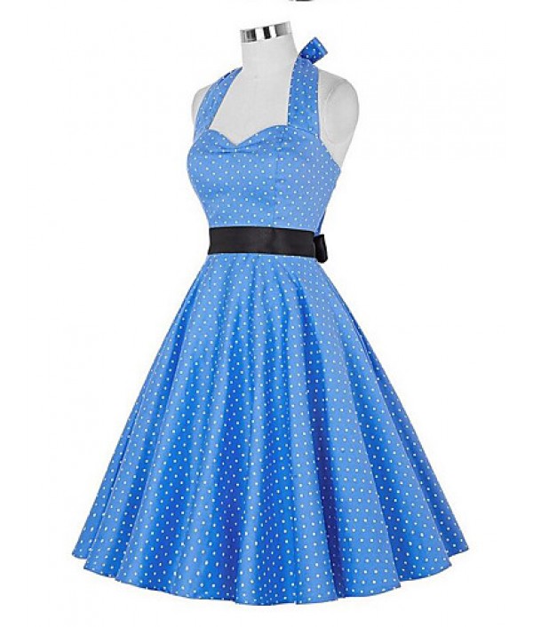 Women's Going out Vintage A Line Dress,Polka Dot Halter Knee-length Sleeveless Blue / Black Polyester Summer